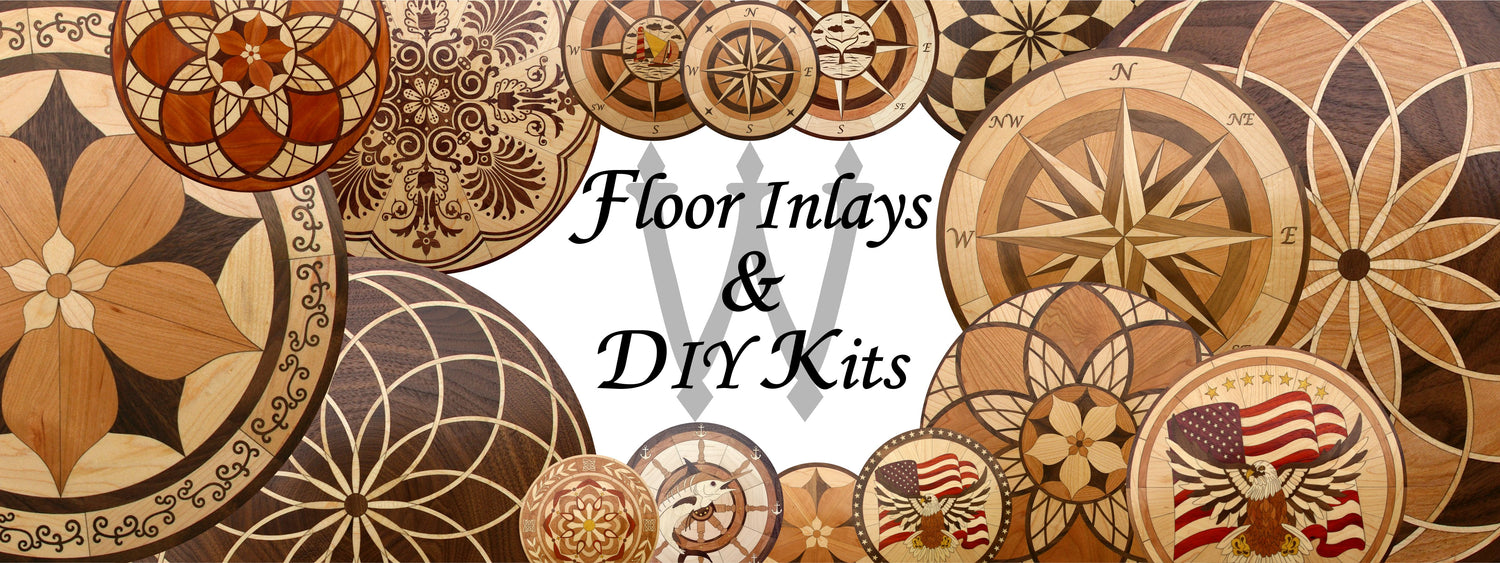 Wilson Custom Works WilsonCustomWorks.com homepage banner image featuring a collection of wood floor inlay designs including nautical compass rose for flooring