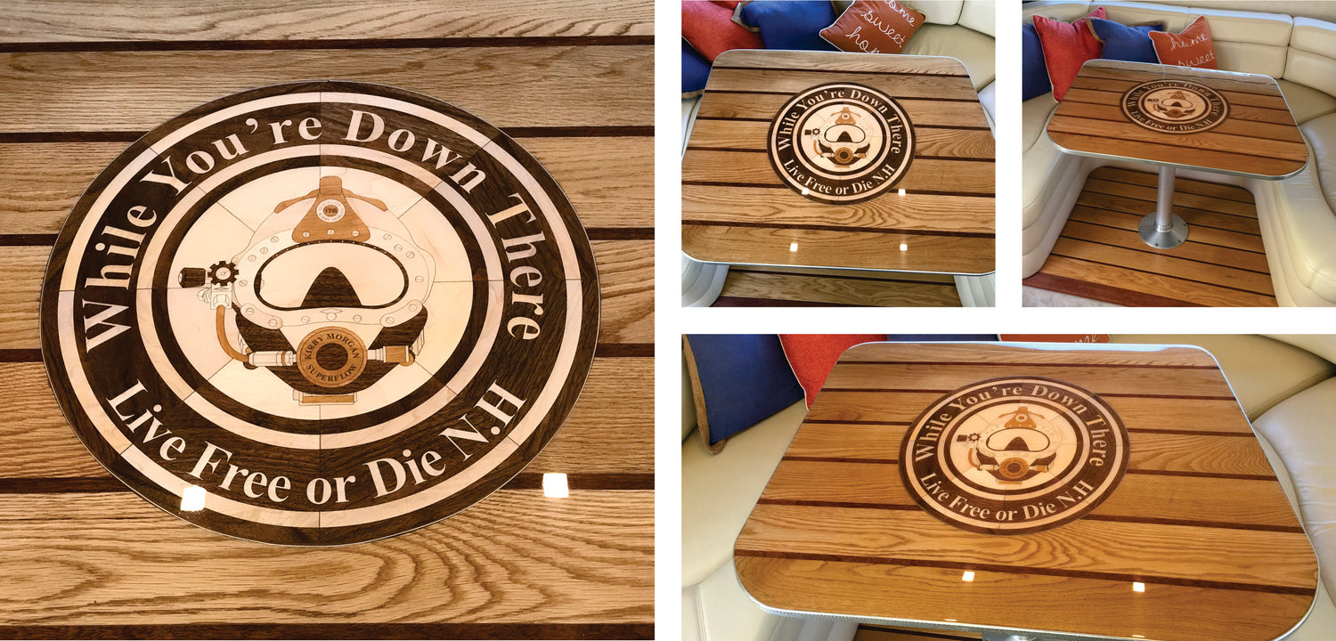 Wilson Custom Works custom scuba mask wood inlays installed by customers in nautical boat tables