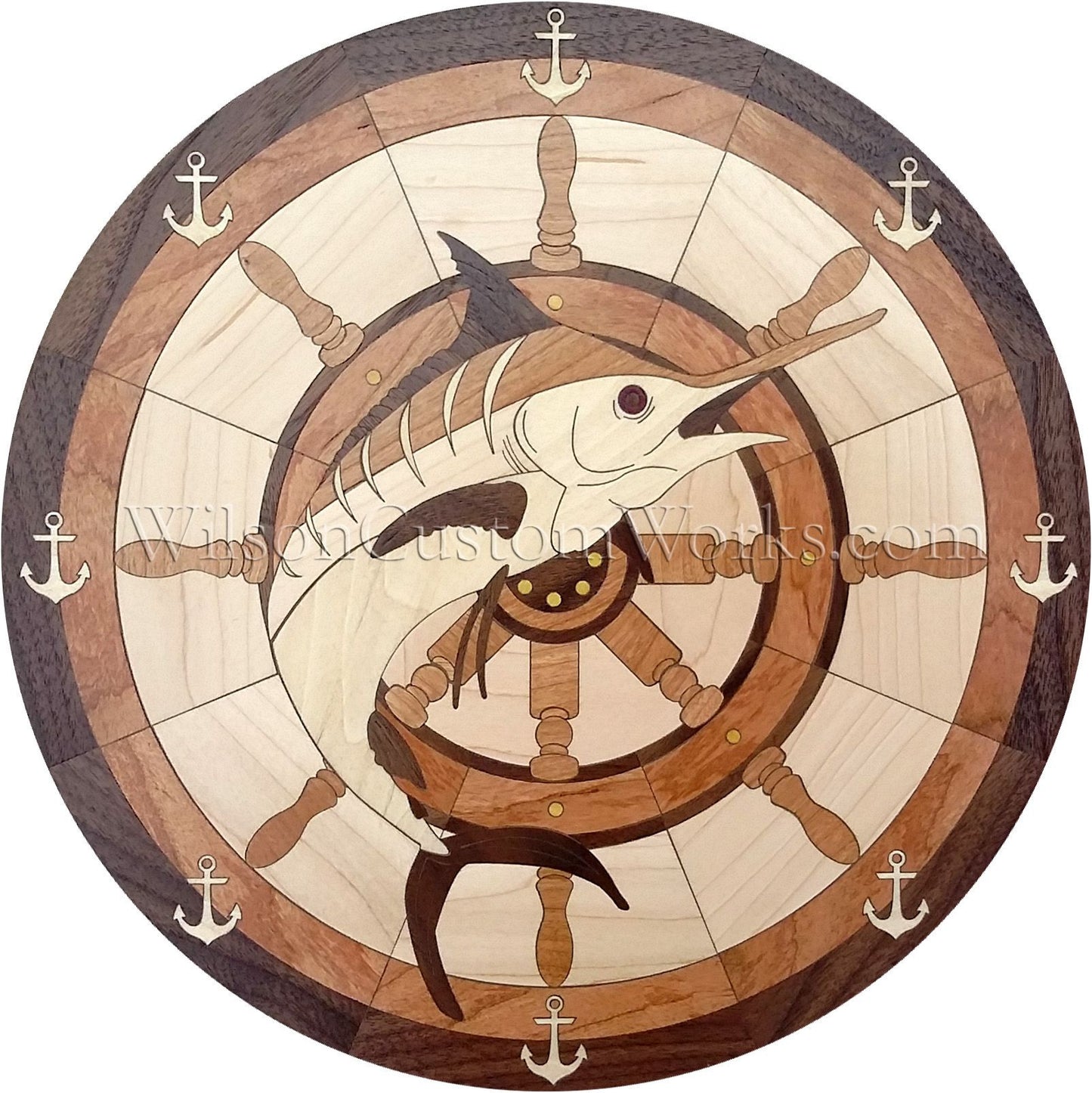 Wilson Custom Works hardwood wood floor inlay medallion Marlin nautical design