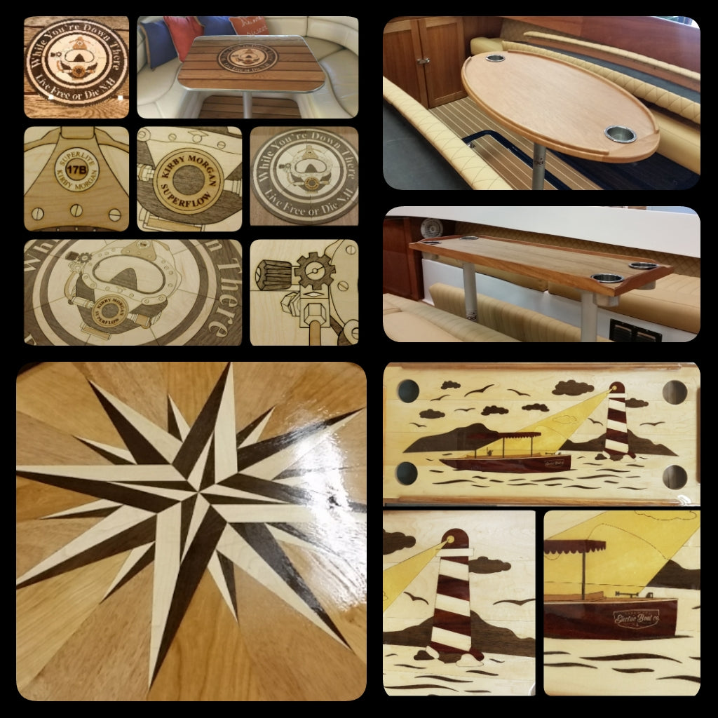 WilsonCustomWorks.com Wilson Custom Works custom nautical yacht table wood inlay designs