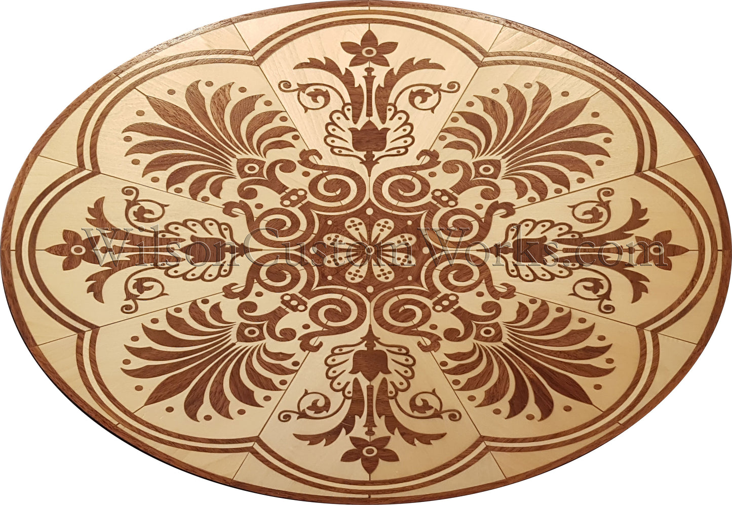 Wilson Custom Works hardwood wood floor inlay medallion maui oval design