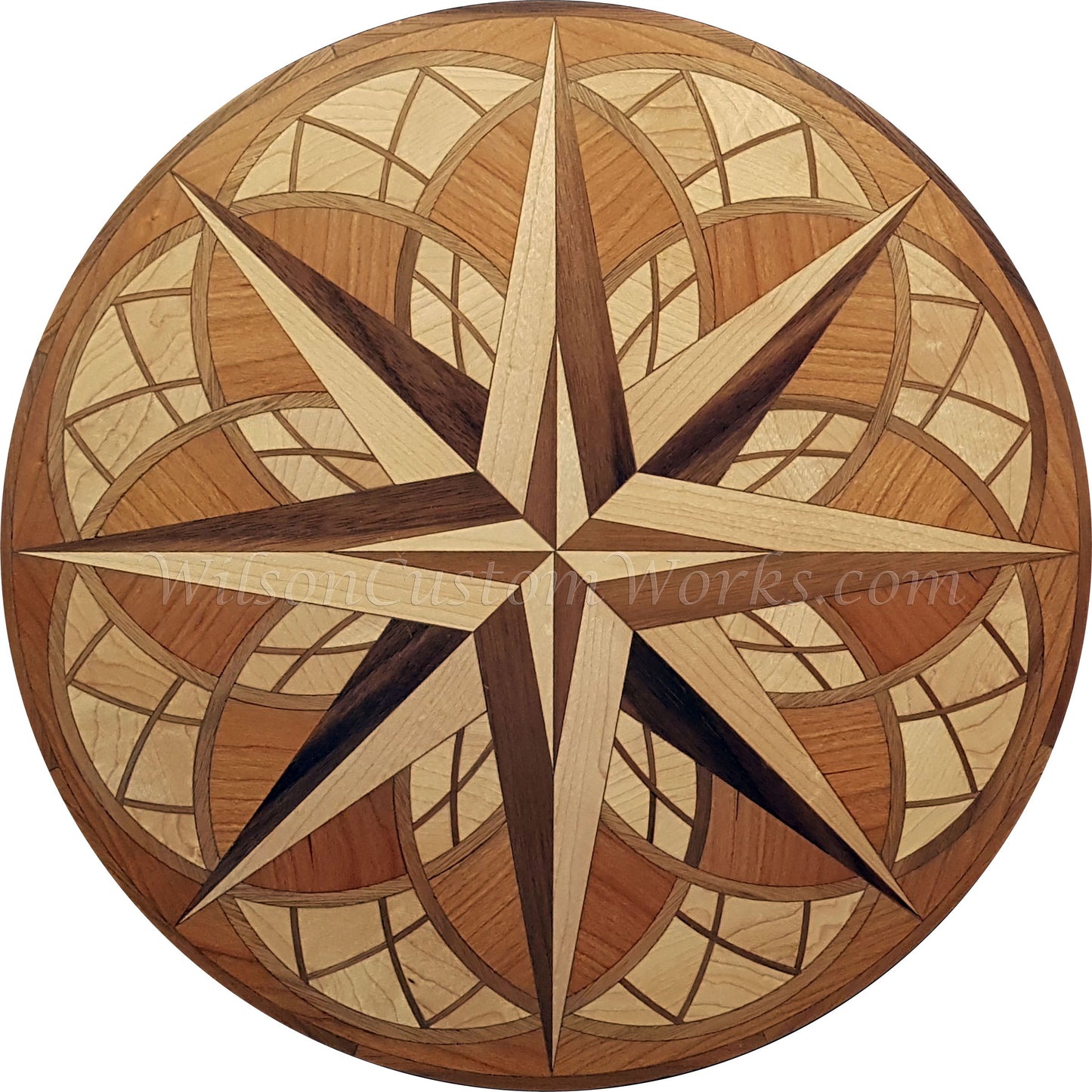 Wilson Custom Works hardwood wood floor inlay medallion nova compass rose design