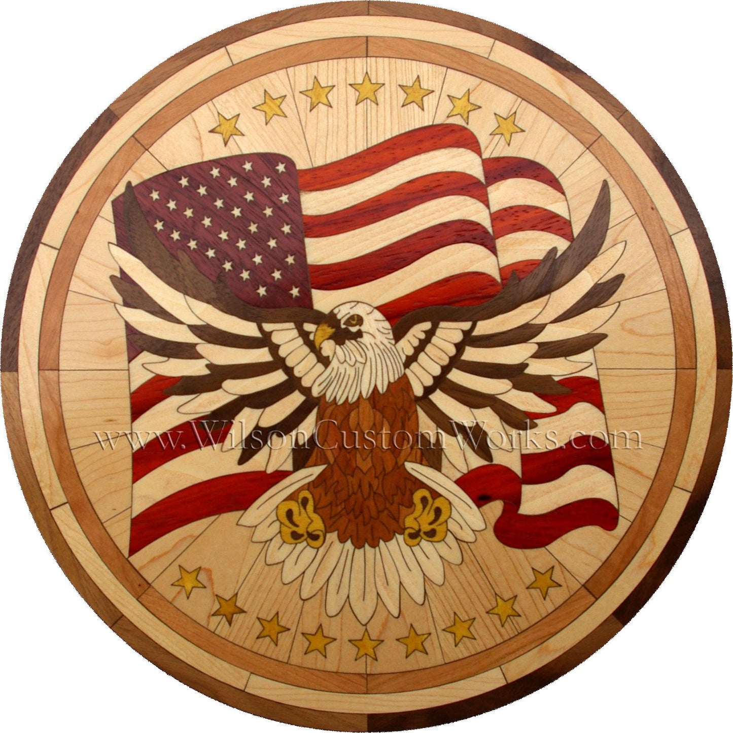 Wilson Custom Works hardwood wood floor inlay medallion proud eagle patriotic design