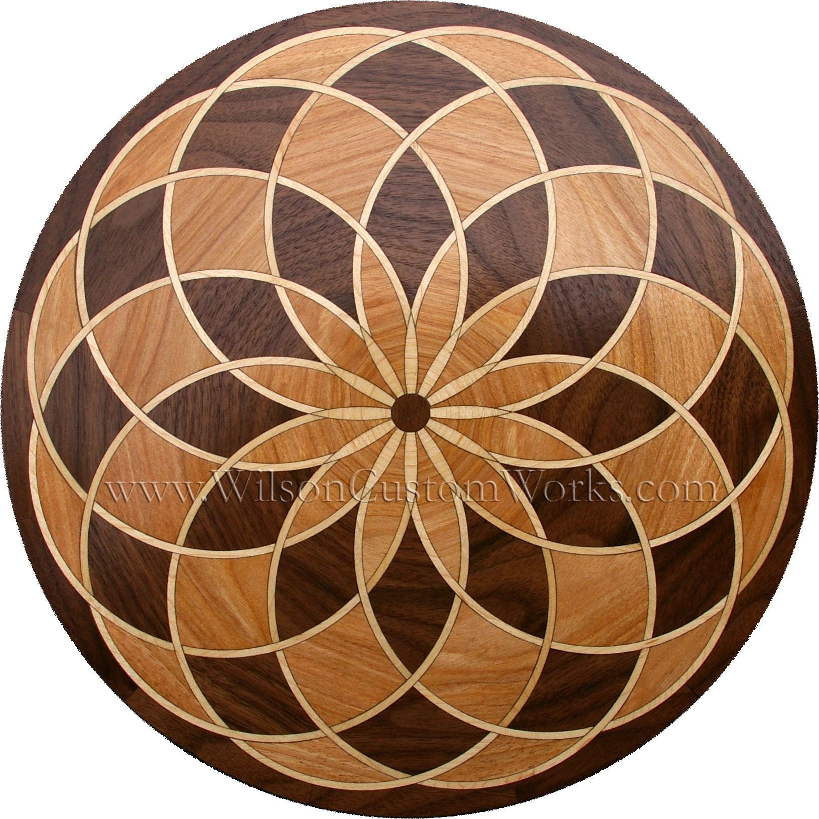 Wilson Custom Works hardwood wood floor inlay medallion spyro 3-tone modern design
